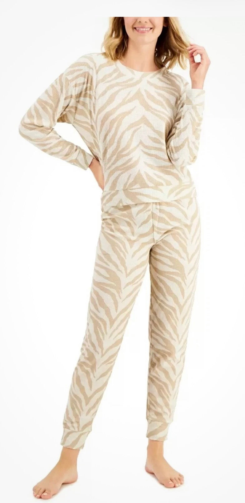 Jenni Women's Waffle Knit Top & Jogger 2-Piece Pajama Set, Tiger Beige, #31