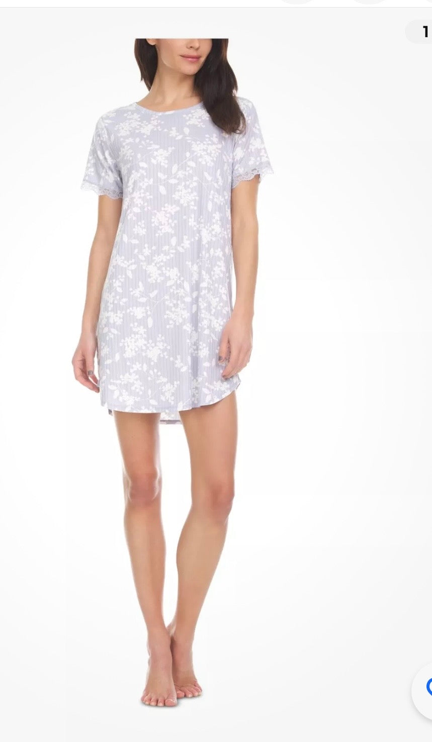 FLORA Intimates Light Blue Trim Short Sleeves Scallop Curved Hem Nightgown Midium #38