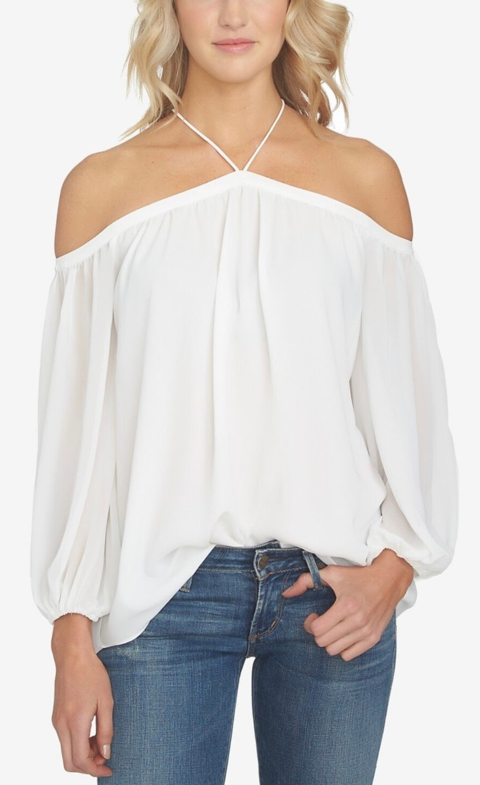 1. STATE Women's White Cold Shoulder Tiered Sleeve Top Blouse Midium #62