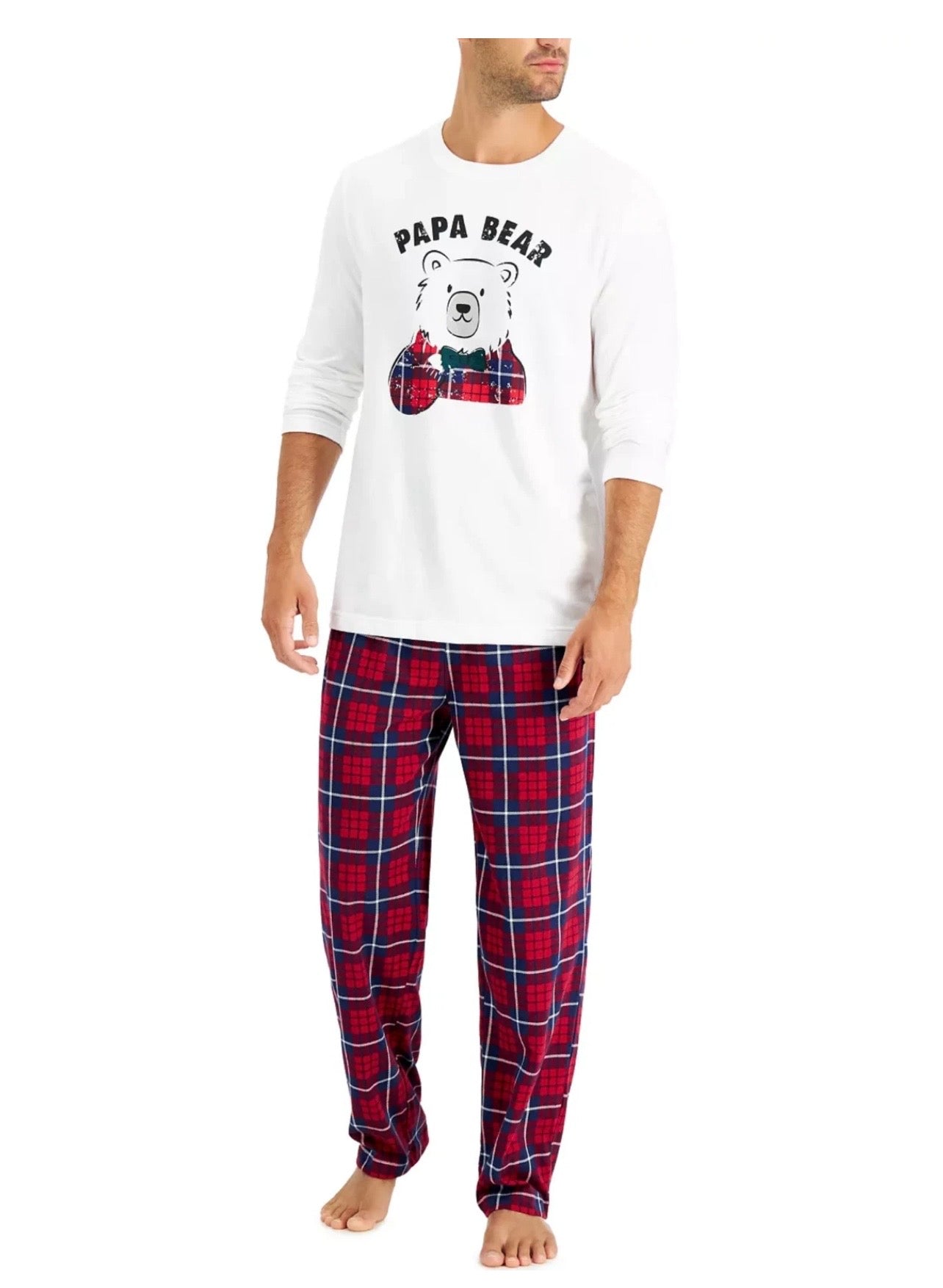 FAMILY PAJAMAS Men's 2-Piece Papa Bear Plaid Pajama Set sz S Small PJs Red #17
