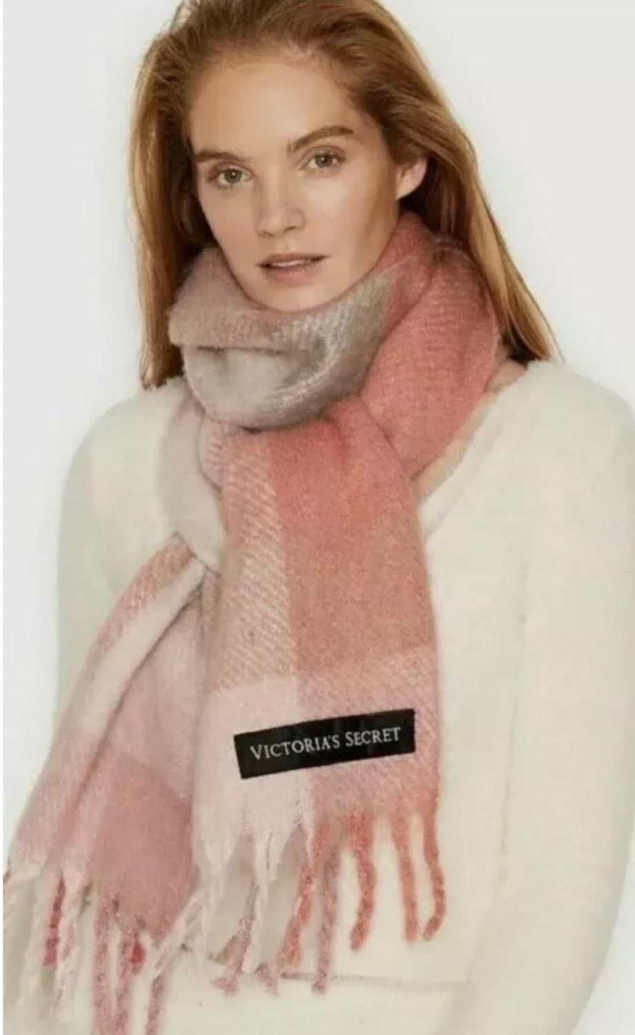NWT Victoria's Secret Holiday 2020 Pink Gray Plush Plaid Scarf 82" x 12" #5