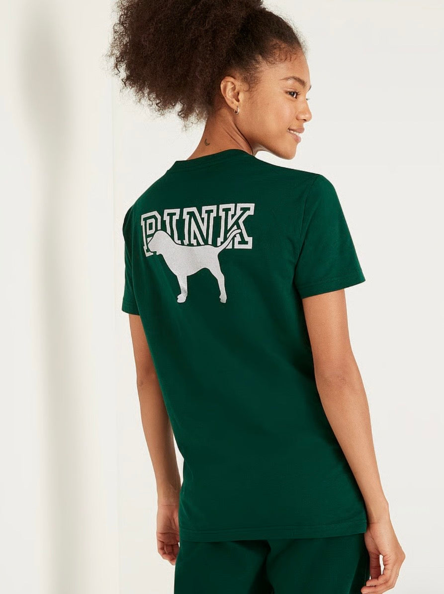 Victoria's Secret Large Pink Bling Campus Tee Shirt Dark Garden Green Silver Dog #20