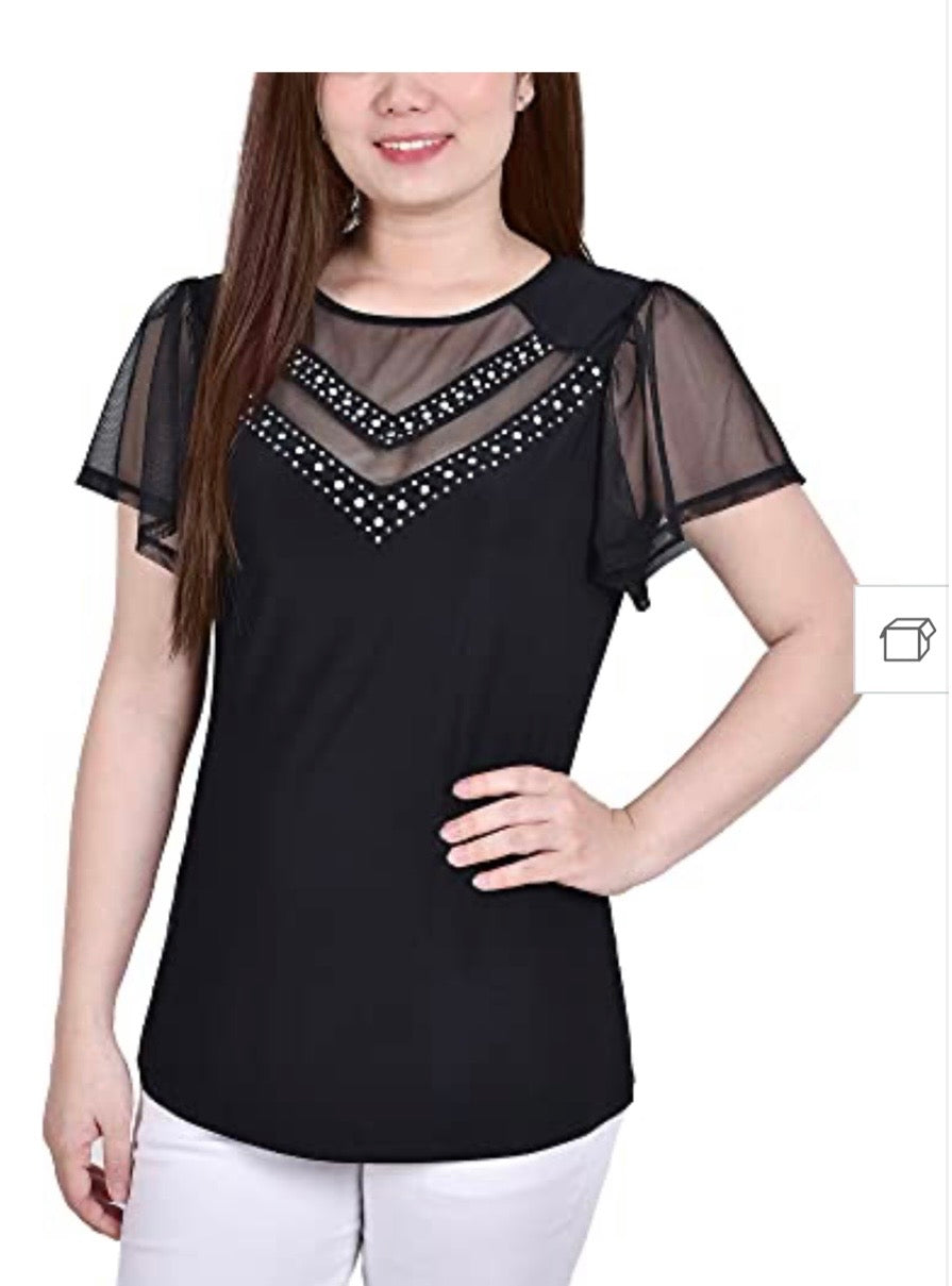 NY Collection Studded Short Flutter Sleeve Top With Mesh Details Black XLarge #48