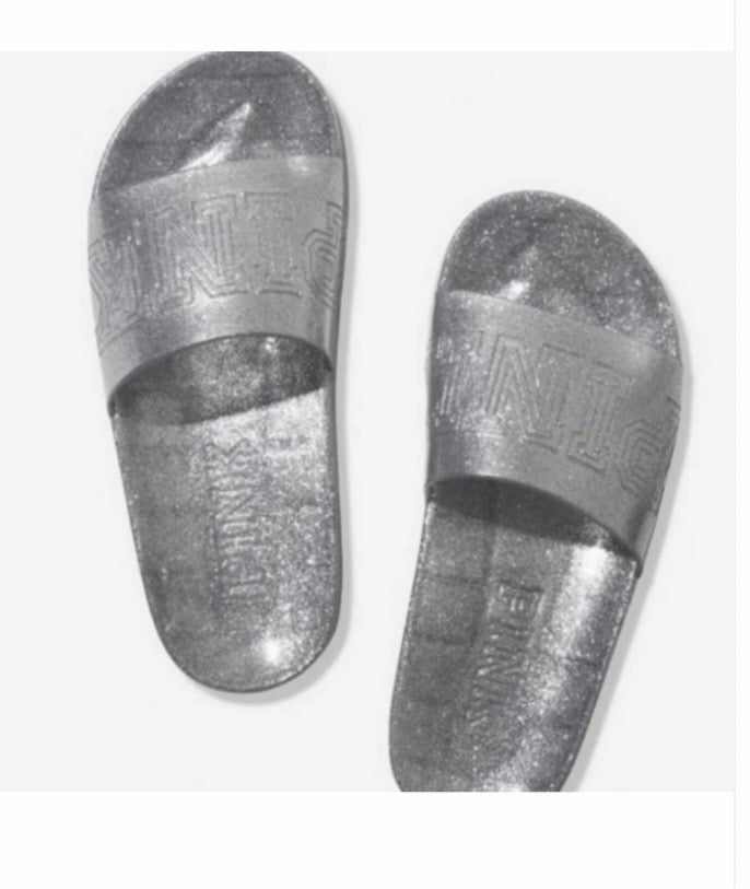 Victoria's Secret Pink Bling Glitter Jelly Strap Slides Sandals Silver small #10