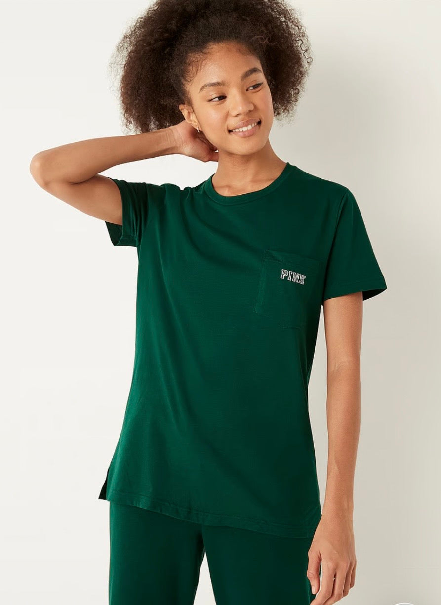 Victoria's Secret Large Pink Bling Campus Tee Shirt Dark Garden Green Silver Dog #20
